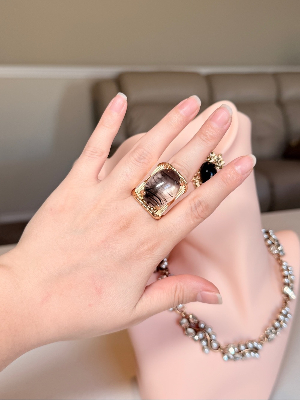 Gold Statement Ring with Smoky Quartz Accent - Picture 3 of 8